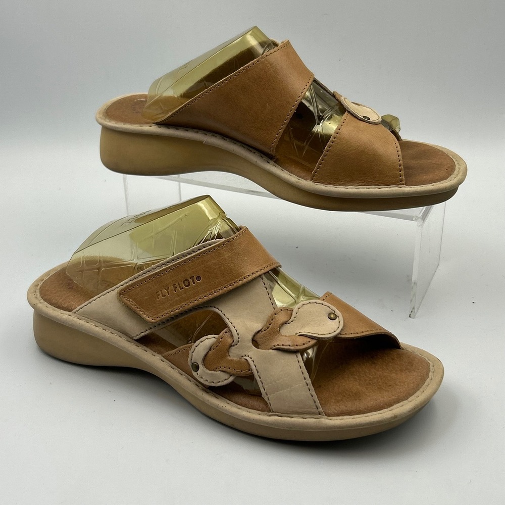 Fly Flot Slide Sandals Womens 38 Tan Leather Comfort Italian Made Boho Wedge